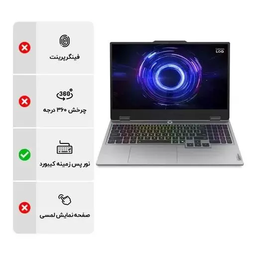 لپ تاپ 15.6 اینچی لنوو مدل Lenovo LOQ 15IRX10 i7 14700Hx 24GB DDR5 512GB SSD 8GB RTX5050 IPS با گارانتی 18 ماهه شرکتی